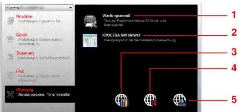 KYOCEA Drucken Einstellungen, Eigenschaften Gerät Einstellungen, Derivertstation Verwaltung Scannen Einstellungen, Schuldberprüfung FAX Einstellungen, Sponsliche Verwaltung Wartungsmend Tool zur Problembeziehung für Druck- und Szenquaktivität. KYOCERA Net Viewer Dienstprogramm für die deratensübersamung 1 2 3 4 5 Wartung Dienstprogramme, Tener bestalten