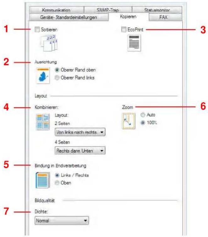 Kommunikation SNMP-Trap Statusmonitor Geräte-Standardeinstellungen Kopieren FAK 1 Sortieren EcoPrint 2 Ausrichtung Oberer Rand oben Oberer Rand links Layout Kombinieren: Layout: 2 Seiten Von links nach rechts. 4 Seiten Rechts dann Unten Zoom Auto 100% 3 6 5 Bindung in Endverarbeitung Links / Rechts Oben 7 Bildqualität Dichte: Normal