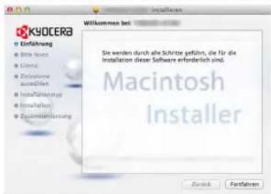 KYOOCERA O Einführung - Bes losses - Liensy - Zielephne - ausfallen - Installations - Installungen - Zusammelastung Willkommen bei: Sie werden durch alle Schritte geführt, die für die Installation diese Software erforderlich sind. Macintosh Installer Zurück Festhafen