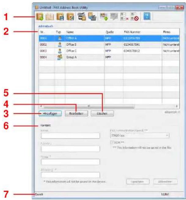 Untitled - FAX Address Book Utility 1 2 3 4 5 6 7 Achrosbuch Nr. Typ Name Quote FAX-Nummer Press 0001 Office A MFP 023495789 Nicht unlend 0002 Office B MFP 0234957891 Nicht unlend 0003 Office C MFP 0245878912 Nicht unlend 0004 Group A MFP HinaFager BoxButton Buschen Alterskirk Kontakt Name: FAX communication bands:** 15600 bits Fancy: NCM *** ** This information will not be saved in the Web. Facts * Attending * * This information will not be found on this device. Options Allowment Benef NUM