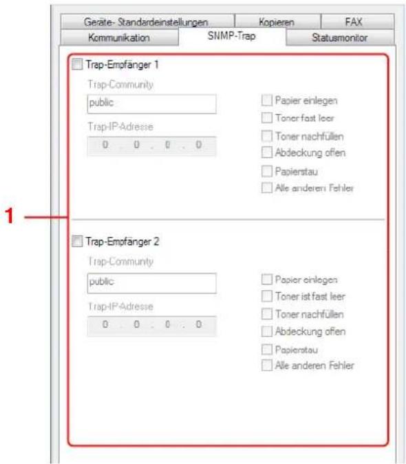 Geväte- Standardeinstellungen Kopieren FAX Kommunikation SNMP-Trap Statusmonitor Trap-Empfänger 1 Trap-Community public Papier einlegen Toner fast leer Trap-IP-Adresse 0 0 0 0 Toner nachfüllen Abdeckung offen Papierstau Alle anderen Fehler Trap-Empfänger 2 Trap-Community public Papier einlegen Toner ist fast leer Toner nachfüllen Abdeckung offen Papierstau Alle anderen Fehler