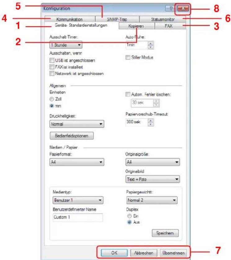 Kenfiguration Kommunikation SNMP-Trap Statusmonitor Geräte-Standssinstellungen Kopieren FAX Ausschalt-Timer: 1 Stunde Auto-Furbe: 1min Ausschalten, wenn USB ist angeschlossen Siller Modus FAX ist installiert Netzwerk ist angeschlossen Allgemein Einheiten Zell mm Autom. Fehler loschen: 30 sek Druckhelligkeit: Normal Papiervorschub-Timeout: 300 sek Bedierfeldoptionen Medien / Papier Papieformat: A4 Originalgröße: A4 Originalbild Text + Foto Medientyp: Benutzar 1 Papiergewicht: Normal 2 Berutzerdefinieter Name Custom 1 Duplex Ein Aus Speichern OK Abbrechen Übemehmen
