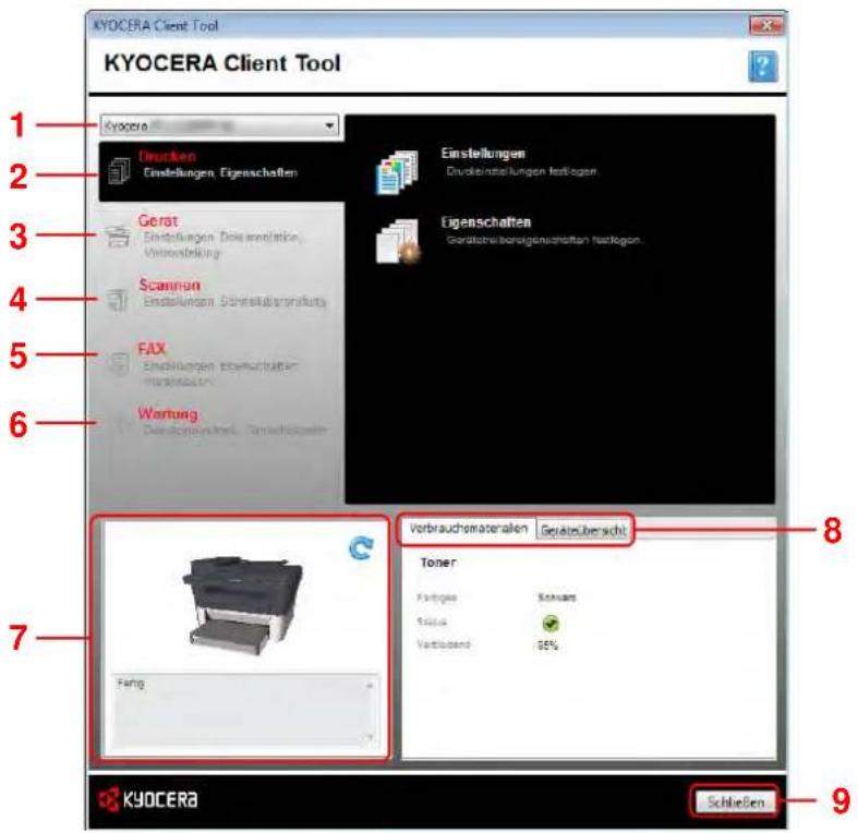 KYOCERA Client Tool KYOCERA Client Tool 1 2 3 4 5 6 7 8 9 Indrücken Einstellungen, Eigenschaften Gerat Einstellungen, Dritte erweiterung, Verwabstellung Scannon Einstellungen, Schriftsüberschaffung FAX Einstellungen, Eigenschaften, Verwabstellung Wertung Der Abgängskrechte, Einwahrgesamt Einstellungen Eigenschaften Gerdstoffsbereigenschaften, Erstlegen. Verbrauchsmateriellen, Geräteübersicht Toner Fattigtes Schussers Fattigtes Vertüberschäft 50% KYGOCERA Schließen
