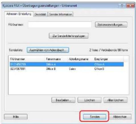 Kyocera FAX - Übertragungenstellungen - Untenanmt Adwässen Endelung Deckblatt Sender Information FAXnummer: Optionsinstellungen... Zur Sendelsleiherszusagen Sendorats: Auswählen vom Adressbuch 2 Items / Vertriebende 98 Items FAXnummer Firmenname Abteilungsname Enplaner 0123456799 Office A Office A 0234567891 Office B Sales Office B Bestoblen... Löchen Alterslöchen Hilo Sandon Abbrevien
