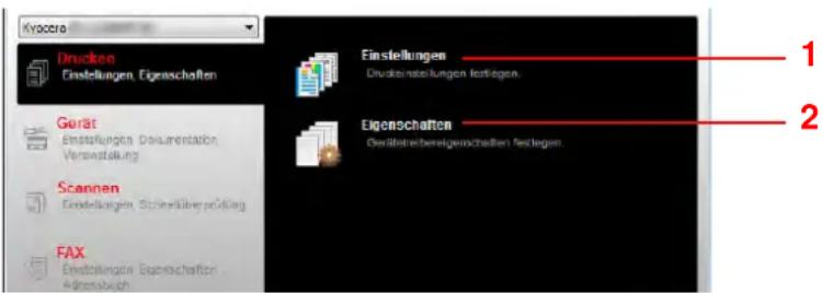 Kysotra Drucken Einstellungen, Eigenschaften Gerät Einstellungen, Dokumentation Verswaltung Scannen Einstellungen, Sicherüberprüfung FAX Einstellungen Eigenschaften Aflörsbuch Einstellungen Drucken/instellungen festlegen. Eigenchaften Gewichtsbereigenschaften festlegen. 1 2