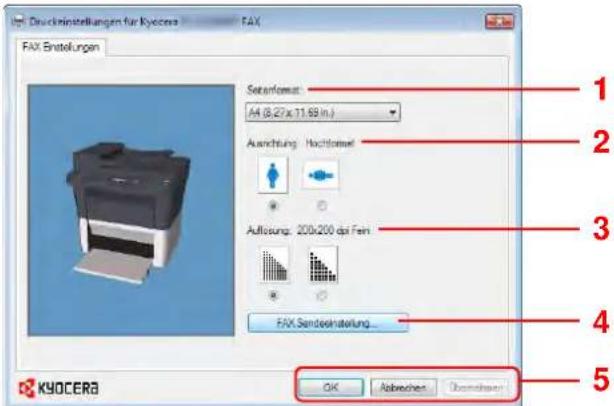 Druckinstellungen für Kyocera FAX FAX Einstellungen SeranfFormat: A4 (0.27x 11.69 in.) Ausrichtung: Hochflamef Auführung: 200x200 bis Fert FAX Sendelnatwicklung... OK Abwechen Überhausen 1 2 3 4 5 KYOCERA