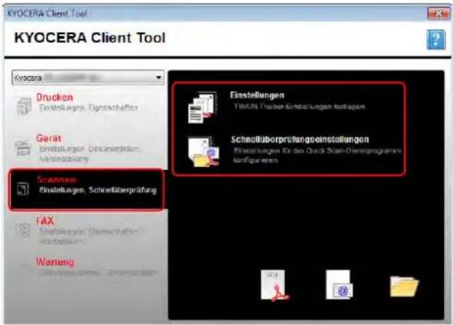 KYOCERA Client Tool KYOCERA Client Tool Drucken Einstellungen Eigeninchaften Gerät Einstellungen Dokumentation Versorgierung Scannen Einstellungen, Schnellüberprüfung FAX Einstellungen, Schnellüberprüfung Wertung Einstellungen TOWEN Träder-Einstellungen fortiegen Schnellüberprüfungseinstellungen Einstellungen für das Quick-Start-Diensteprogramm konsfunkerten