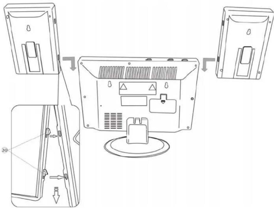 Technical diagram showing exploded view of a computer monitor with labeled components and directional arrows indicating assembly steps.