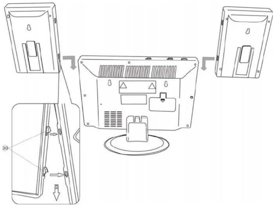 Technical diagram showing exploded view of a computer monitor with labeled components and directional arrows indicating assembly steps.