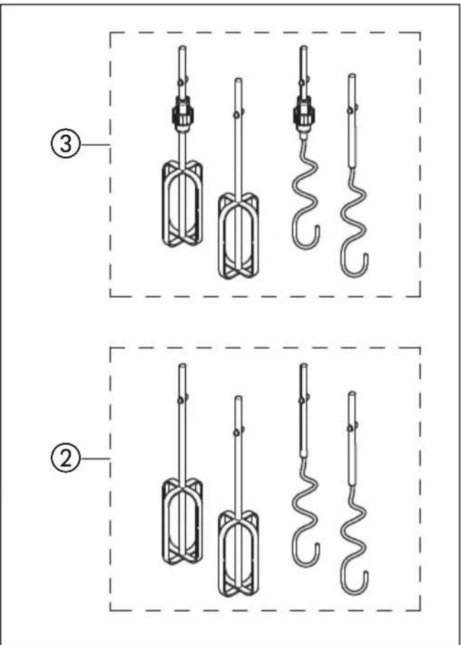 Technical diagram showing two configurations of mechanical devices with numbered labels (② and ③) and component illustrations.