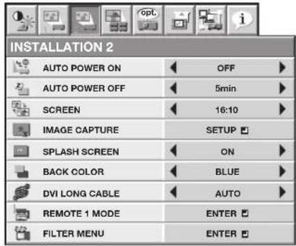 INSTALLATION 2 AUTO POWER ON OFF AUTO POWER OFF 5min SCREEN 16:10 IMAGE CAPTURE SETUP SPLASH SCREEN ON BACK COLOR BLUE DVI LONG CABLE AUTO REMOTE 1 MODE ENTER FILTER MENU ENTER