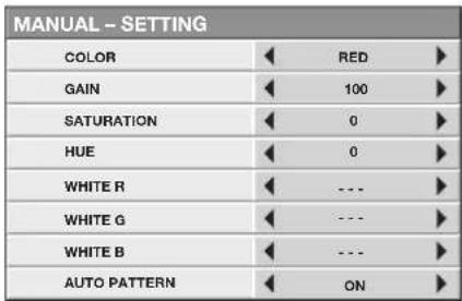 MANUAL - SETTING COLOR RED GAIN 100 SATURATION 0 HUE 0 WHITE R --- WHITE G --- WHITE B --- AUTO PATTERN ON