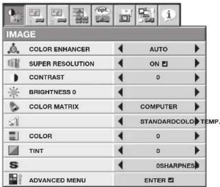 IMAGE COLOR ENHANCER AUTO SUPER RESOLUTION ON CONTRAST 0 BRIGHTNESS 0 COMPUTER COLOR MATRIX STANDARDCOLO TEMP. COLOR 0 TINT 0 S 0SHARPNESS ADVANCED MENU ENTER