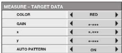MEASURE - TARGET DATA COLOR RED GAIN **** x *.* y ***** AUTO PATTERN ON