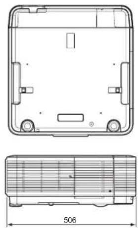 Technical line drawing of a rectangular electronic device with mounting holes and internal compartments, shown in two views (top: 506x width; bottom: no text or symbols on the diagram itself)