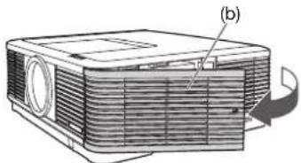Diagram of a projector with ventilation slots and a labeled component (b), showing internal structure without any text or symbols.