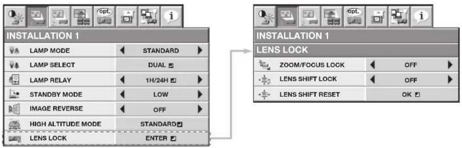 graph TD A["INSTALLATION 1"] --> B["LAMP MODE"] A --> C["LAMP SELECT"] A --> D["LAMP RELAY"] A --> E["STANDBY MODE"] A --> F["IMAGE REVERSE"] A --> G["HIGH ALTITUDE MODE"] A --> H["LENS LOCK"] B --> I["STANDARD"] C --> J["DUAL"] D --> K["1H/24H"] E --> L["LOW"] F --> M["OFF"] G --> N["STANDARD"] H -…