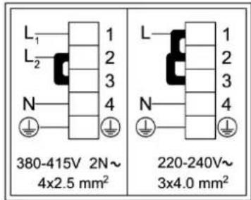 L₁ L₂ N 380-415V 2N~ 4x2.5 mm² L L₂ N 380-415V 2N~ 4x2.5 mm² 220-240V~ 3x4.0 mm²