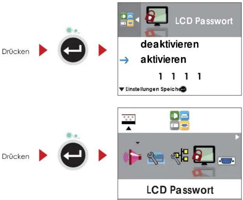 Drücken LCD Password deaktivieren aktivieren 1 1 1 1 ▼ Einstellungen Speiche Drücken LCD Password