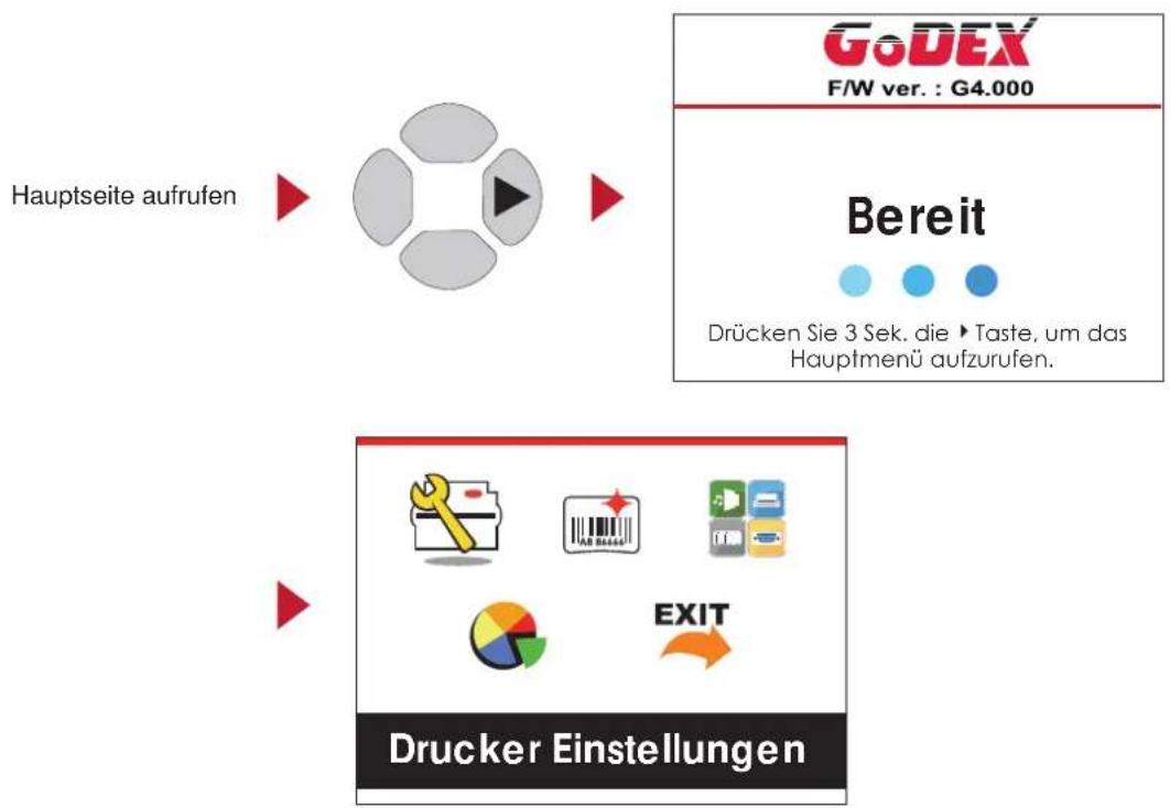 Hauptseite aufrufen GoDEX F/W ver. : G4.000 Bereit Drücken Sie 3 Sek. die ▶ Taste, um das Hauptmenü aufzurufen. Drucker Einstellungen