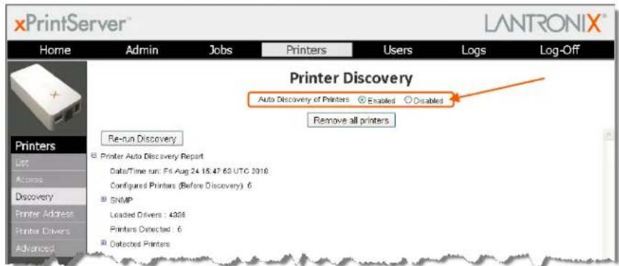xPrintServer Home Admin Jobs Printers Users Logs Log-Off Printer Discovery Auto Discovery of Printers Enabled Disabled Remove all printers. Re-run Discovery Printer Auto Discovery Report Date/Time run: Fri Aug 24 15:47:00 UTC 2018 Configured Printers (Before Discovery): 6 SNMP Loaded Drivers : 4385 Printers Detected : 6 Detected Printers