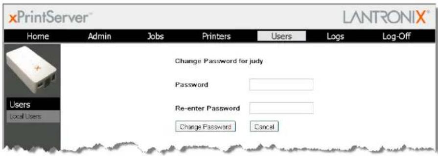 xPrintServer Home Admin Jobs Printers Users Logs Log-Off Change Password for judy Password Re-enter Password Change Password Cancel Users Local Users