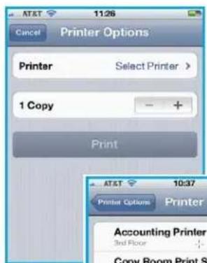AT&T 11:26 Cancel Printer Options Printer Select Printer > 1 Copy - + Print AT&T 10:37 Printer Options Printer Accounting Printer 3rd Floor Copy Room Print S
