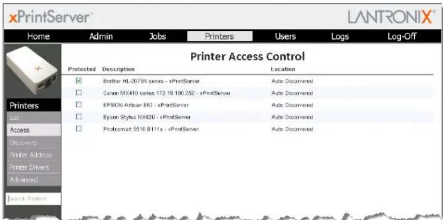 xPrintServer Home Admin Jobs Printers Users Logs Log-Off Printer Access Control Protected Description Location Brother HL-2070N series - xPrintServer Auto Discovered Canon MX410 series 172.18 100 252 - xPrintServer Auto Discovered EPSON Adlean 810 - xPrintServer Auto Discovered Epson Stylus NX920 - xPrintServer Auto Discovered Photosmart 5510 B111a - xPrintServer Auto Discovered
