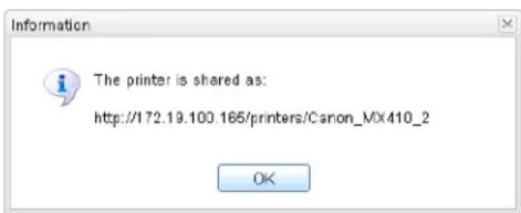 Information The printer is shared as: http://172.19.100.165/printers/Canon_MX410_2 OK