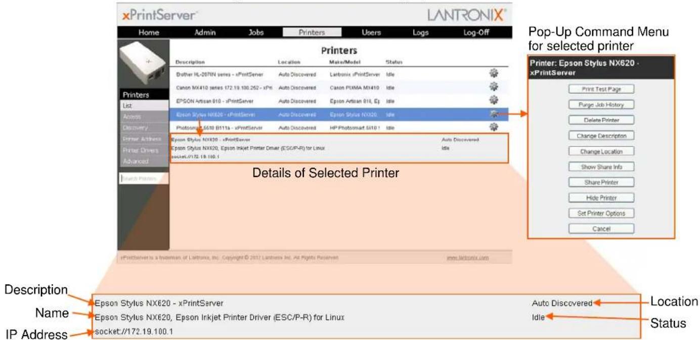 xPrintServer LANTRONIX® Home Admin Jobs Printers Users Logs Log-Off Printers Description Location Make/Model Status Duther HL-207IN series - xPrintServer Auto Discovered Latronix xPrintServer Idie Canon MX410 series 172.19.100.262 - xPri Auto Discovered Canon PIXMA MX410 Idie EPSON Artisan 610 - xPrintServer Auto Discovered Epson Artisan 618, Ep Idie Epson Stylus NX620 - xPrintServer Auto Discovered Epson Stylus NX620 Idie Photosmart 5610 B111a - xPrintServer Auto Discovered HP Photomart 5610 Idie Epson Stylus NX620 - xPrintServer Auto Discovered Epson Stylus NX620, Epson Inkjet Printer Driver (ESC/P-R) for Linux packet://172.19.100.1 Idie Printer: Epson Stylus NX620 - xPrintServer Print Test Page Purge Job History Delete Printer Change Description Change Location Show Share Info Share Printer Hide Printer Set Printer Options Cancel Details of Selected Printer Printserver is a fraction of Laitrone, Inc. Copyright © 2012 Laitrone Inc. All Rights Reserved www.Laitrone.com Description Name IP Address Epson Stylus NX620 - xPrintServer Epson Stylus NX620, Epson Inkjet Printer Driver (ESC/P-R) for Linux socket://172.19.100.1 Auto Discovered Location Idie Status