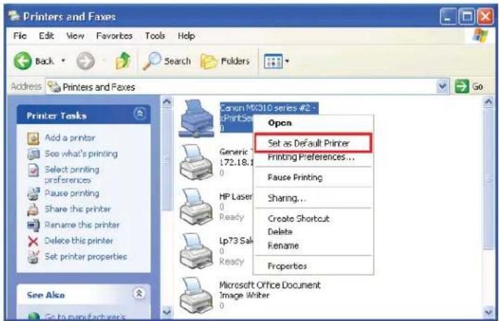 Printers and Faxes File Edit View Favorites Tools Help Back Search Folders Address Printers and Faxes Go Printer Tasks Add a printer See what's printing Select printing preferences Pause printing Share this printer Rename this printer Delete this printer Set printer properties See Also Go to manufacturers Canon MX310 series #2 - Print Set 1 Open Generic L72.18.1 0 Set as Default Printer Printing Preferences... Pause Printing HP Laser Ready Sharing... Create Shortcut Delete Rename Ready Properties Microsoft Office Document Image Writer 0