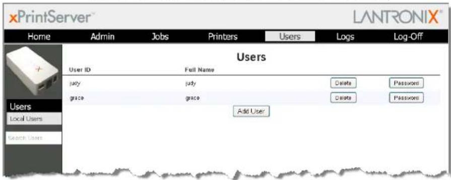 xPrintServer™ LANTRONIX® Home Admin Jobs Printers Users Logs Log-Off Users User ID Full Name jury-judy Delete Passwords grace-grace Delete Passwords Add User Users Local Users Search Users