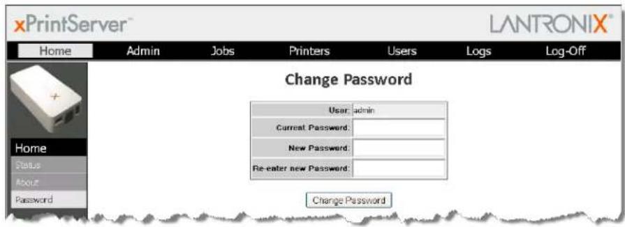 xPrintServer LANTRONIX® Home Admin Jobs Printers Users Logs Log-Off Home Status About Password Change Password User: admin Current Password: New Password: Re-eater new Password: Change Password