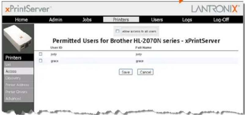 xPrintServer Home Admin Jobs Printers Users Logs Log-Off Allow access to all users Permitted Users for Brother HL-2070N series - xPrintServer User ID Full Name judy judy grace grace Save Cancel Printers Last Access Discovery Printer Address Printer Drivers Advanced