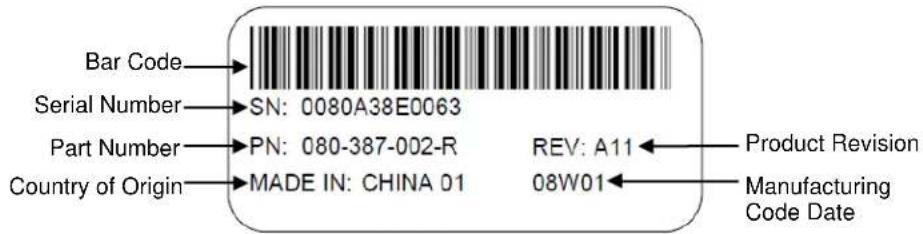 Bar Code Serial Number SN: 0080A38E0063 Part Number PN: 080-387-002-R Country of Origin MADE IN: CHINA 01 REV: A11 08W01 Product Revision Manufacturing Code Date