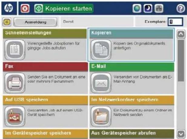 hp Kopieren starten Ausbildung Dereit Exemplare: Schnelleinstellungen Vereingestellte Joboptionen für gängige Jobs aufrufen Kopieren Kopien des Originaldokuments antartigen Fax Senden Sie en Dokument an eine oder mehrere Faxnummern E-Mail Versenden von Dokumentan als E-Mail-Anhang Auf USB speichern Gescamten Job auf einem USB-Gerät speichern Im Netzwerkordner speichern Ein Dokument zu einem Ordner im Netzwerk senden Im Gerätespeicher speichern Aus Gerätespeicher abrufen