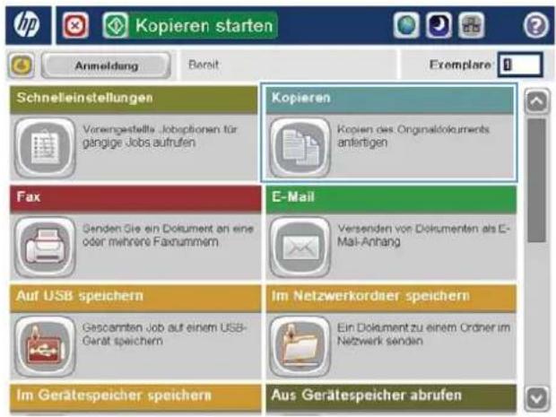 Kopieren starten Anmeldung Bereit Exemplare Schnelleinstellungen Vorengestells Joboptionen für gängige Jobs aufrufen Copieren Kopieren des Originaldokuments anfertigen Fax E-Mail Senden Sie ein Dokument an eine oder mehrere Faxnummern Versenden von Dokumenten als E-Mail-Anhang Auf USB speichern Im Netzwerkordser speichern Gescamten Job auf einem USB-Gerät speichern Ein Dokument zu einem Ordner im Netzwerk senden Im Gerätespeicher speichern Aus Gerätespeicher abrufen