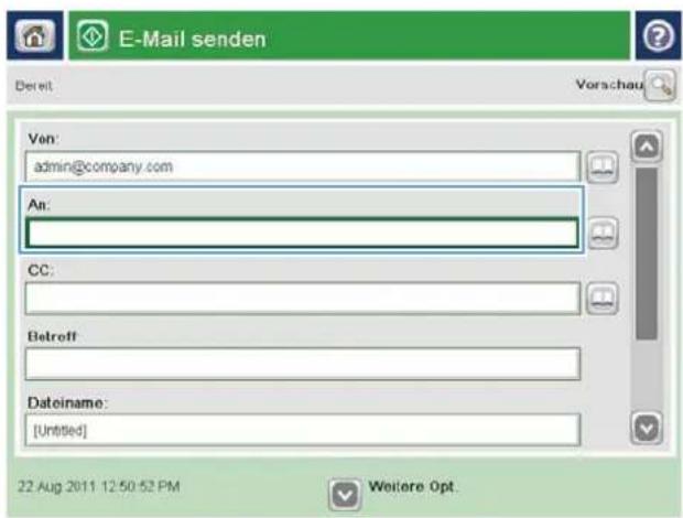 E-Mail senden Dereit Vorschau Ven: admin@company.com An: CC: Betroff Dateiname: [Untitled] 22 Aug 2011 12:50:52 PM Weitere Opt.