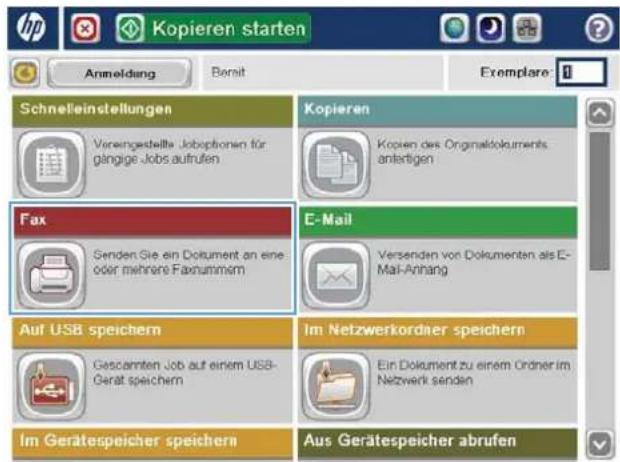 Kopieren starten Anmeldung Bereit Exemplare Schnelleinstellungen Kopieren Verengestellte Joboptionen für gängige Jobs aufrufen Kopieren des Originaldokuments anfertigen Fax E-Mail Senden Sie ein Dokument an eine oder mehrere Faxnumm Versenden von Dokumenten als E- Mail-Anhang Auf USB speichern Im Netzwerkordner speichern Gesamten Job auf einem USB- Gerät speichern Ein Dokument zu einem Ordner im Netzwerk senden Im Gerätespeicher speichern Aus Gerätespeicher abrufen