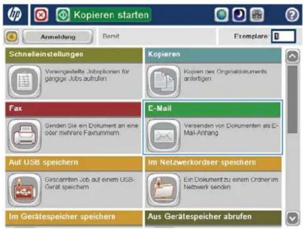 Kopieren starten Anmeldung Bereit Exemplare Schnelleinstellungen Vorengestellte Joboptionen für gängige Jobs aufrufen Copieren Kopien des Onguraldokuments anlertigen Fax Senden Sie ein Dokument an eine oder mehrere Faxnummern E-Mail Versenden von Dokumenten als E-Mail-Anhang Auf USB speichern Im Netzwerkordner speichern Gescamten Job auf einem USB-Gerat speichern Ein Dokument zu einem Ordner im Netzwerk senden Im Gerätespeicher speichern Aus Gerätespeicher abrufen