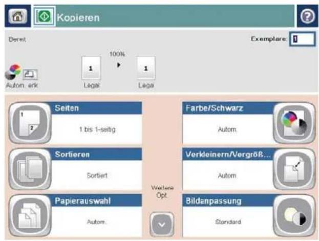 Kopieren Bereit 100% Exemplare: 1 Autom. erk Legal Legal Seiten 1 bis 1-seitig Farbe/Schwarz Autom Sortieren Sortiert Verkleinern/Vergröß... Autom Papierauswahl Autom. Weitere Opt Bildanpassung Standard