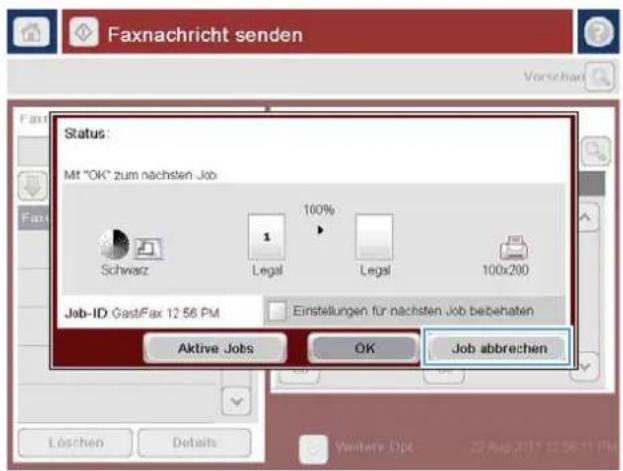 Faxnachricht senden Status: Mit "OK" zum nächsten Job Schwarz 1 100% Legal Legal 100x200 Job-ID: Gast/Fax 12:56 PM Einstellungen für nächsten job bebehalten Aktive Jobs OK Job abbrechen Löschen Details Verihere Opt 22 Aug 2017 12:56:11 PM