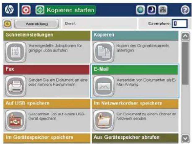 Kopieren starten Anmeldung Bereit Exemplare: Schnelleinstellungen Voreingestellte Joboptionen für gängige Jobs aufrufen Kopieren Kopien des Originaldokuments anfertigen Fax Senden Sie ein Dokument an eine oder mehrere Faksummern E-Mail Versenden von Dokumenten als E-Mail-Anhang Auf USB speichern Im Netzwerkordauer speichern Gescamten Job auf einem USB-Gerät speichern Ein Dokument zu einem Ordner im Netzwerk senden Im Gerätespeicher speichern Aus Gerätespeicher abrufen
