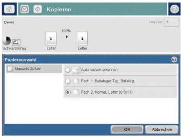 Kopieren Bereit 100% Schwarz/Grau Letter Letter Kopieren: 1 Papierauswahl Manuelle Zufuhr Automatisch erkennen Fach 1: Belebiger Typ, Belebig Fach 2: Normal, Løttar (8.5x11) OK Abbrechen