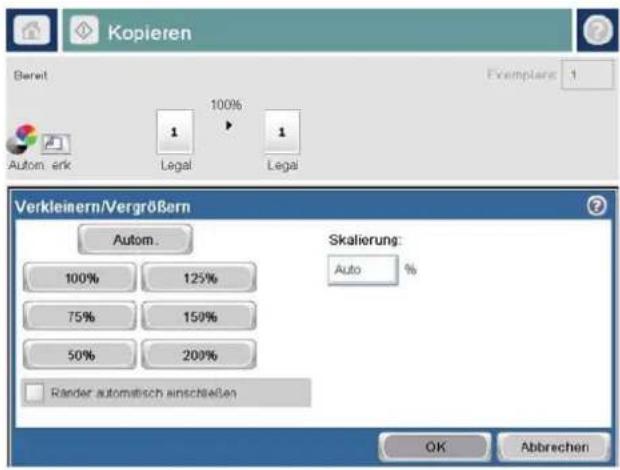 Kopieren Bereit Exemplarant 1 100% 1 Autom. erk Legal Legal Verkleinern/Vergrößern Autom. 100% 125% 75% 150% 50% 200% Skalierung: Auto % Ränder automatisch einschließen OK Abbrechen