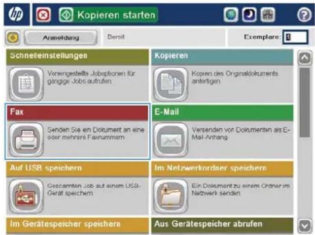 Anmeldung Bereit Exemplare: Schneleinstellungen Kopieren Vereingestellte Joboptionen für gängige Jobs aufrufen Kopien des Originaldokuments anterigen Fax E-Mail Senden Sie ein Dokument an eine oder mehrere Faxnummern Versenden vor Dokumenten als E- Mail-Anhang Auf USB speichern Im Netzwerkordner speichern Gesamten Job auf einem USB- Gerät speichern Ein Dokument zu einem Ordner im Netwerk senden Im Gerätespeicher speichern Aus Gerätespeicher abrufen
