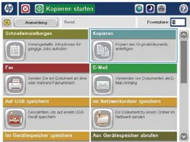 Kopieren starten Anmeldung Bereit Exemplare: Schnelleinstellungen Vereingestelle Joboptionen für gängige Jobs aufrufen Kopieren Kopien des Originatdokuments anfertigen Fax E-Mail Senden Sie ein Dokument an eine oder mehrere Faxnummern Versenden vor Dokumenten als E-Mail-Anhang Auf USB speichern Im Netzwerkordauer speichern Gescamten Job auf einem USB-Gerät speichern Ein Dokument zu einem Ordner im Netzwerk senden Im Gerätespeicher speichern Aus Gerätespeicher abrufen