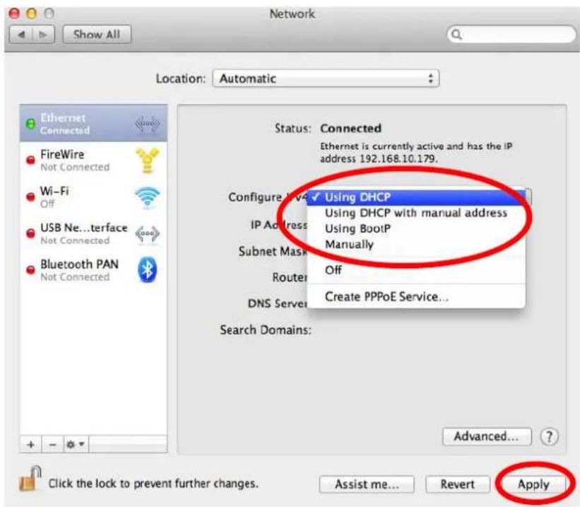 Network Show All Location: Automatic Ethernet Connected FireWire Not Connected Wi-Fi Off USB Ne...terface Not Connected Bluetooth PAN Not Connected Status: Connected Ethernet is currently active and has the IP address 192.168.10.179. Configure INV: Using DHCP Using DHCP with manual address IP Address: Using BootP Manually Subnet Mask: Router: Off DNS Server: Create PPPoE Service... Search Domains: Advanced... Click the lock to prevent further changes. Assist me... Revert Apply