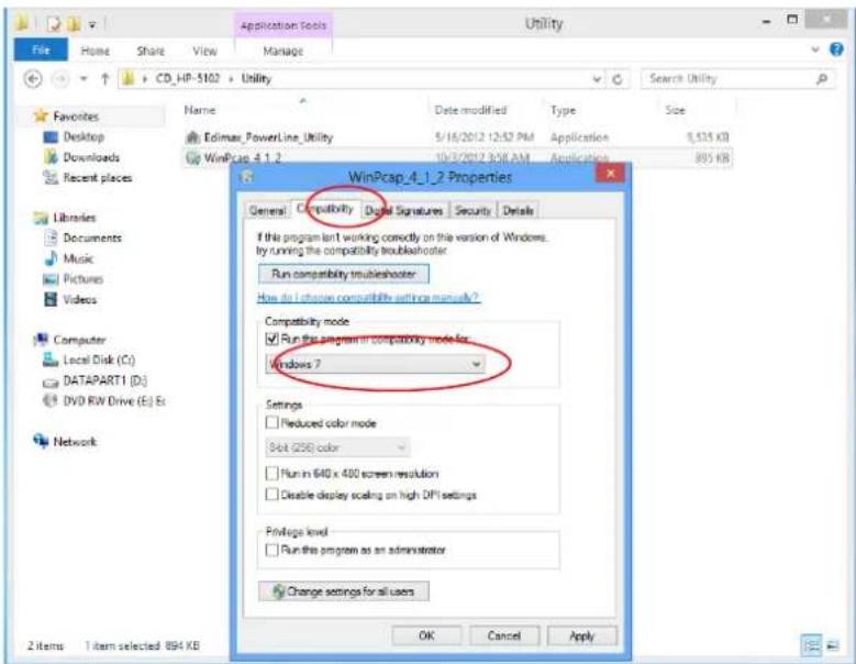 Application Tools File Home Share View Manage Search Utility Favorites Desktop Downloads Recent places Editmax_PowerLine_Utility WinPcap 4.1.2 Date modified 5/16/2012 12:52 PM 10/3/2012 3:00 LAM Application 8,525 KB Applications 895 KB WinPcap_4.1.2 Properties General Compatibility Digital Signatures Security Details If this program isn't working correctly on the version of Windows. by running the compatibility troubleshooter Run compatibility troubleshooter How do I change compatible settings manually? Compatibility mode ✓ Run this program in compatibility mode for: Windows 7 Settings □ Reduced color mode □ 8-bit (256) color □ Run in 640 x 400 screen resolution □ Disable display scaling on high DPI settings Privilege level □ Run this program as an administrator Change settings for all users OK Cancel Apply Local Disk (C:) DATAPART1 (D:) DVD RW Drive (E:) Network 2 items 1 item selected 894 KB