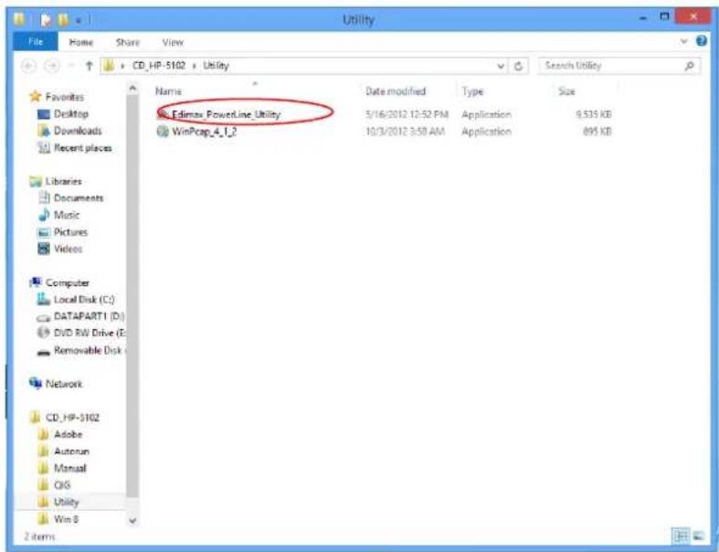 Utility File Home Share View CD_HP-5102 + Utility Favorites Desktop Downloads Recent places Libraries Documents Music Pictures Videos Computer Local Disk (C:) DATAPART1 (D:) DVD RW Drive (E:) Removable Disk Network CD_HP-5102 Adobe Autocun Manual QIS Utility Win B Name Edimax PowerLine Utility WinPcap_4_1_2 Date modified 3/16/2012 12:52 PM 10/3/2012 3:58 AM Application 9,535 KB Application 895 KB Search Utility Size